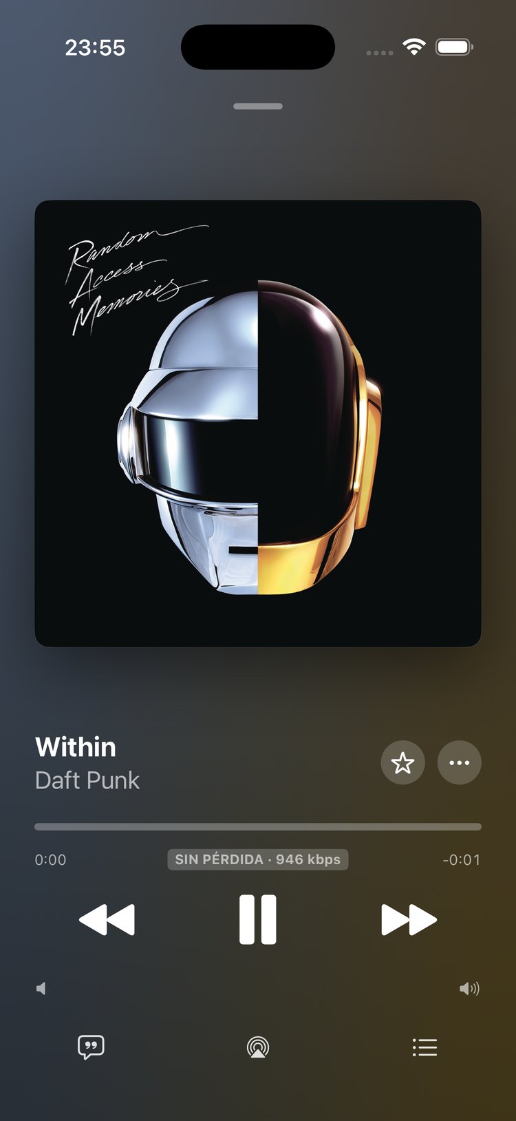 Reproductor de DuoMusic en iPhone: portada del álbum, controles y calidad de audio sin pérdida